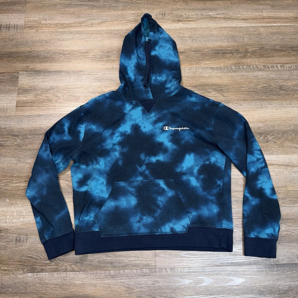 Champion Tie-Dye Hoodie Pullover Sweater Womens Large Black Blue Pattern Pocket